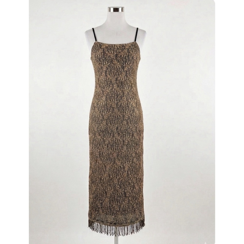 Vintage 90s Hourglass Gold Lace Fringe Dress M Whimsigoth Old Hollywood Glamour